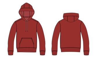 Langarm-Hoodie technische Mode flache Skizze Vektor-Illustration rote Farbe rote Farbvorlage Vorder- und Rückansichten isoliert auf weißem Hintergrund. vektor