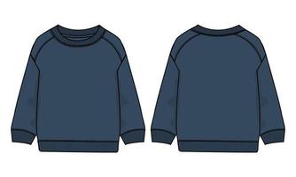 Langarm-Sweatshirt technische Mode flache Skizze Vektor-Illustration marineblaue Farbvorlage Vorder- und Rückansicht isoliert auf weißem Hintergrund. vektor