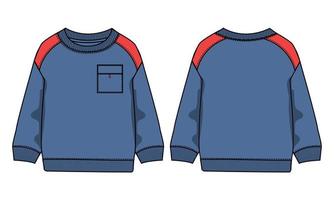 Langarm-Sweatshirt mit Tasche technische Mode flache Skizze Vektor-Illustration marineblaue Vorlage Vorder- und Rückansichten isoliert auf weißem Hintergrund. vektor
