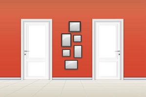 wohnzimmerinnenraum mit geschlossener tür und leeren rahmen an der orangefarbenen wand vektor