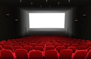 kinosaal mit roten sitzen und weißer leerer heller leinwand vektor