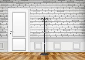 Weiße Ziegelwand mit geschlossener Tür und Laterne