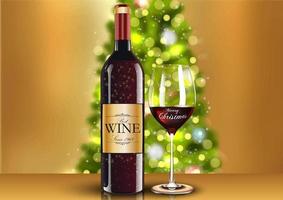 jul vinglas med vinflaska och suddig julgran vektor