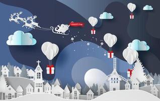 papierkunst und handwerk von luftballons geschenk auf abstrakter kurvenform blauer himmel hintergrund, stadt stadt landschaft wintersaison, schneesaison in der city.vector.illustration vektor