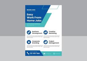 Bleiben Sie sicher, arbeiten Sie von zu Hause aus Flyer-Poster-Design. arbeit von zu hause aus berufsmöglichkeiten plakatbroschürendesign. einfache arbeit von zu hause aus job-flyer-design. vektor