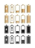 uppsättning av guld och svart batteri ikoner vektor illustration på vit bakgrund.