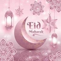 eid mubarak, eid al adha, eid al fitr, hälsningar, firande, kalligrafikort vektordesign med måne och lykta vektor