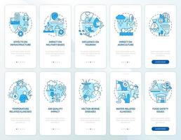 klimawandel blauer onboarding mobiler app-bildschirmsatz vektor