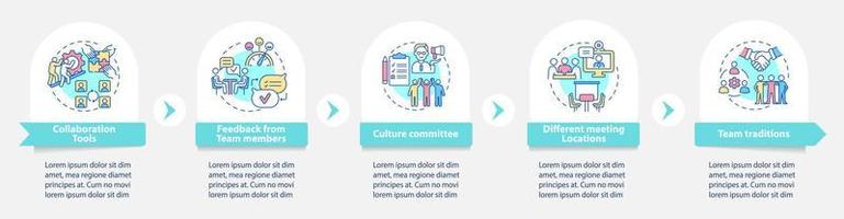 Tipps zur Verbesserung der Teamarbeit rund um die Infografik-Vorlage. produktive Arbeit. Datenvisualisierung mit 5 Schritten. Info-Diagramm zur Prozesszeitachse. Workflow-Layout mit Liniensymbolen. Unzählige pro-fette, normale Schriftarten werden verwendet vektor