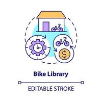 Symbol für das Konzept der Fahrradbibliothek. Fahrrad-Sharing-Kategorie abstrakte Idee dünne Linie Illustration. Verleih von Fahrrädern an Fahrer zur Nutzung. erschwinglicher Transport. Vektor isolierte Umrissfarbe Zeichnung. editierbarer Strich