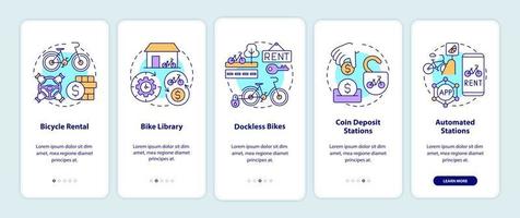 cykeldelningskategorier ombord på mobilappens sidskärm. cykelbibliotek genomgång 5 steg grafiska instruktioner med koncept. ui, ux, gui vektormall med linjära färgillustrationer vektor