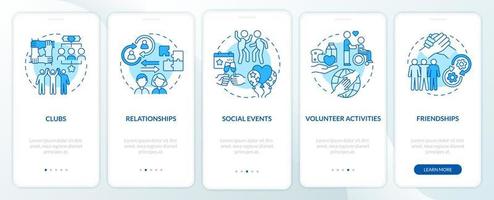 deltagande exempel blå onboarding mobil app sidskärm. socialt engagemang genomgång 4 steg grafiska instruktioner med koncept. ui, ux, gui vektormall med linjära färgillustrationer vektor
