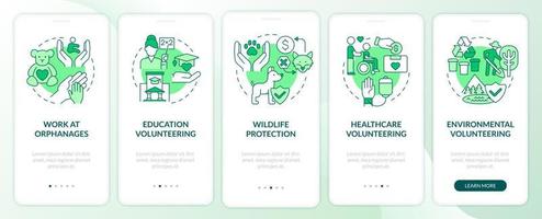 Freiwilligenarbeit grüner Onboarding-Bildschirm der mobilen App-Seite. Sozialhilfe Walkthrough 4 Schritte grafische Anweisungen mit Konzepten. ui, ux, gui-vektorvorlage mit linearen farbillustrationen vektor