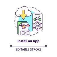 Symbol für das App-Konzept installieren. bike sharing nutzung abstrakte idee dünne linie illustration. Anwendung für die Installation von E-Bikes. Trailbike-Strecken. Vektor isolierte Umrissfarbe Zeichnung. editierbarer Strich