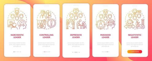 typer av giftiga ledare röd gradient onboarding mobil app skärm vektor