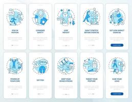 aktiver lebensstil für die gesundheit der gelenke blauer onboarding mobiler app-bildschirmsatz vektor