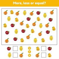 mehr, weniger oder gleich. Mathe-Lernspiel für Kinder im Vorschul- und Schulalter. Früchte. Zitrone, Apfel, Birne, Orange. vektor