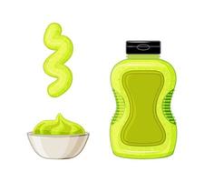 Wasabi in Flasche und Schüssel ist das Set auf einem weißen Hintergrund isoliert. Sauce verschüttete Streifen und Flecken. Vektorillustration im Cartoon-Stil vektor