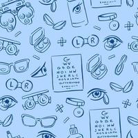 verschiedene elemente der optometrie, linsen, augen, brille auf einem nahtlosen muster des blauen hintergrunds. gezeichnet. Doodle-Vektor-Hintergrund. vektor