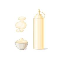 flasche mit mayonnaise, spritzern und einem topf mit einer sauce im stil eines kartons auf einem weiß isolierten hintergrund. Vektorillustration für Ihr Design vektor