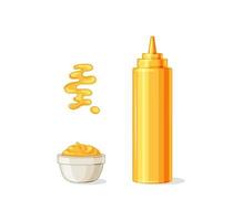 senap. varm amerikansk senapssåsflaska, skål, sked, stänk. på en vit bakgrund. vektor illustration