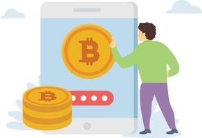 Der Junge spart Bitcoins online. vektor