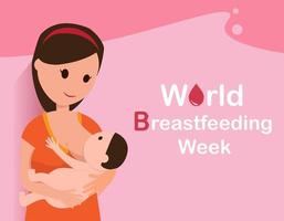 världens amningsvecka, 1-7 augusti. banner, mors dag ClipArt. barnet dricker mjölk från det kvinnliga bröstet. vektor