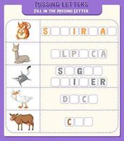 Füllen Sie den fehlenden Buchstaben jedes Wortarbeitsblatts für Kinder aus vektor