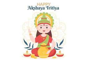 akshaya tritiya festival mit einem goldenen kalash, topf und goldmünzen für dhanteras feier mit maa lakshmi auf indianer in dekorierter hintergrundschablonenillustration vektor