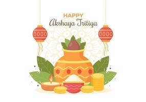 Akshaya tritiya-festival med en gyllene kalash, kruka och guldmynt för dhanteras-firande på indian i dekorerad bakgrundsmallillustration vektor