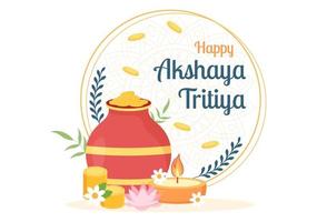 Akshaya tritiya-festival med en gyllene kalash, kruka och guldmynt för dhanteras-firande på indian i dekorerad bakgrundsmallillustration vektor