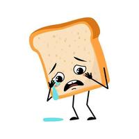 söt bröd karaktär med gråt och tårar känsla, ledsen ansikte, depressiva ögon, armar och ben. bakningsperson, hembakat bakverk med melankoliskt uttryck. vektor illustration