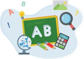 Es gibt eine Schultafel, einen Globus, einen Taschenrechner, eine Lupe und Bleistifte. vektor