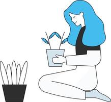 flickan sitter med en kruka med växt i händerna. vektor