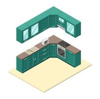 isometrische vektorillustration, kücheninnenraum 3d, möbel, ausrüstung für die lebensmittelzubereitung, haushaltsgeräte vektor