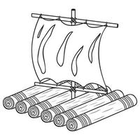 Holzfloß mit Segel, isolierte Vektorillustration schwarze Umrissskizze gekritzel vektor