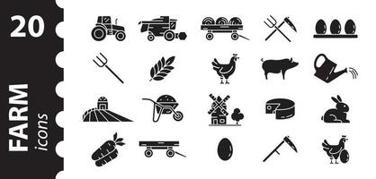 Farm-Icon-Set negativ. Symbole von Tieren, Pflanzen, Traktor, Mähdrescher, Scheune auf einem isolierten weißen Hintergrund. Vektor-Illustration. vektor