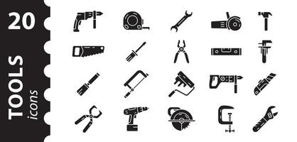Werkzeuge-Symbole. Sammlung schwarzer Glyphen-Vektorsymbole.