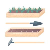 gekeimte Pflanzen und Samen in Gartenbeeten. isoliert auf weißem Hintergrund. flache frühlingsgartenillustration. vektor