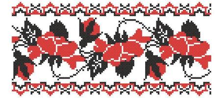 ukrainisches nationales Kreuzstich-Vektor-Ornament-Schema von Blumen mit Rahmen. schwarze und rote Abbildung