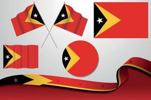 satz von timor-leste-flaggen in verschiedenen designs symbol händende flaggen mit band mit hintergrund. vektor