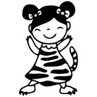 niedliches kleines kind glückliches mädchen, das hand gezeichnete gekritzelkunstillustration des tigeranzugs trägt. vektor