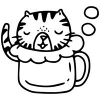 süßer tiger in kaffeetasse, teetasse handgezeichnete gekritzelkunstillustration. vektor