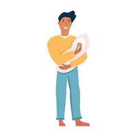 en pappa med en nyfödd dotter i famnen ler. isolerade karaktär på en vit bakgrund. ung far med sin dotter. vektor illustration, tecknad