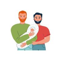 schwule Paarfamilie mit zwei bärtigen Männern mit einem Baby im Arm. Homosexuelle Eltern umarmen ihr neugeborenes Adoptivkind. niedliche helle charaktere der karikatur. Vektorillustration, flach vektor