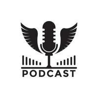 podcast- eller radiologodesign med mikrofon med vingsymbol och vågor av equalizerikonen vektor