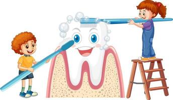 glückliche Kinder, die einen großen Zahn mit einer Zahnbürste auf weißem Hintergrund putzen vektor