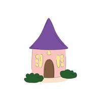 süßes Märchenhaus mit lila Dach im flachen Stil, Vektorillustration isoliert auf weißem Hintergrund. Gebäude mit Fenstern und Türen, Büschen. Gliederung, Fantasie vektor