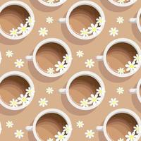 Nahtloses Muster, realistische Kaffeetassen und verstreute Kamillenblüten auf beigem Hintergrund. Druck, Textil, Tapete, Vektor
