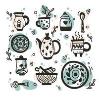 keramiska köksartiklar handritad doodle isolerad på vit bakgrund. samling av koppar, tallrikar, skedar, tekanna, sockerskål, kanna vektor